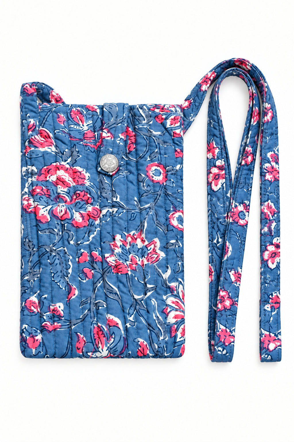 Trestles Clothing Company quilted cotton boho cell bag in blue with pink floral print and button closure