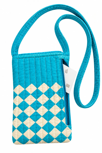 Trestles Clothing Company quilted cotton cell phone pouch in blue and white diamond pattern with a side zip pocket