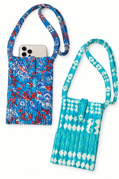 Trestles Clothing Company quilted cotton boho cell bags with button closures and vibrant floral and geometric prints