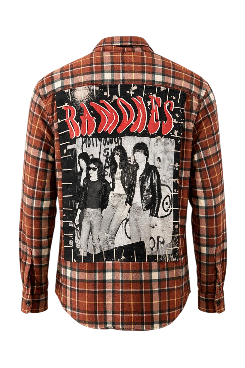 Trestles Clothing Company oversized brown plaid flannel shirt featuring a large Ramones band graphic on the back