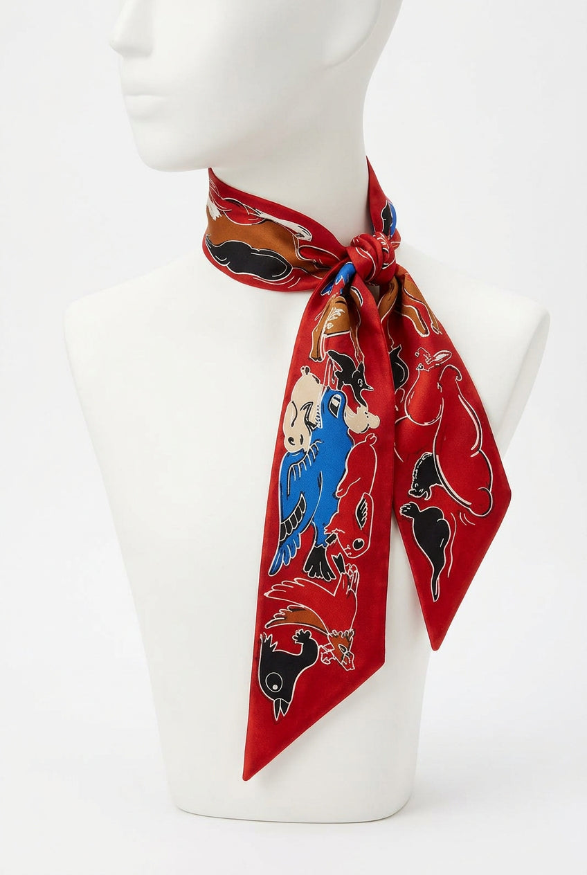 Trestles Clothing Company red silky twilly scarf featuring a playful colorful animal print pattern