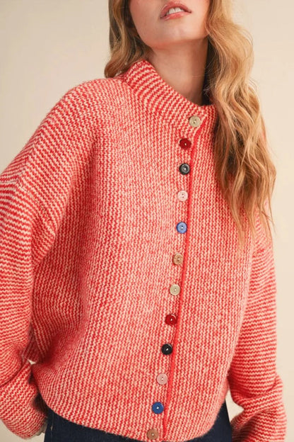 Trestles Clothing Company cozy red textured sweater with unique mismatched colorful buttons and a high neckline