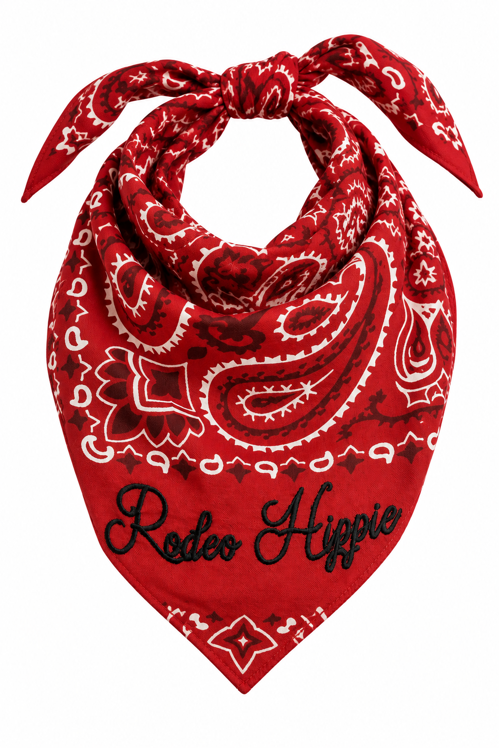 Trestles Clothing Company red stonewashed bandana with white paisley print and black Rodeo Hippie chainstitched text