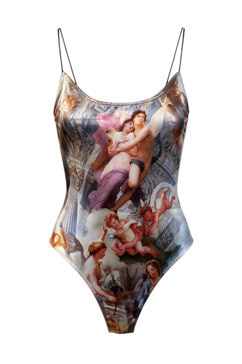 Trestles Clothing Company Old World Bodysuit with shiny fabric and Renaissance art print featuring thin straps.