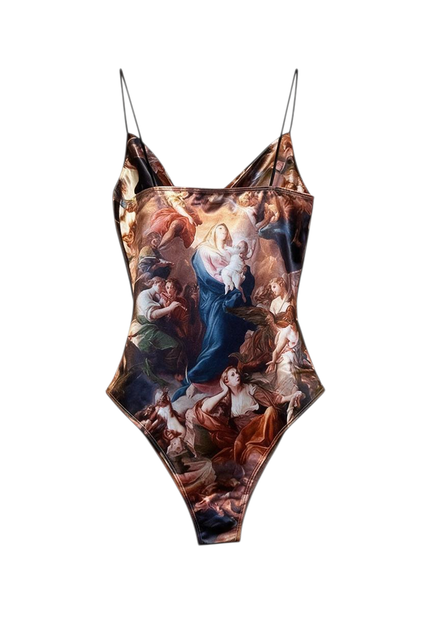 Trestles Clothing Company Old World Bodysuit with thin straps and a shiny, stretchy renaissance art print.