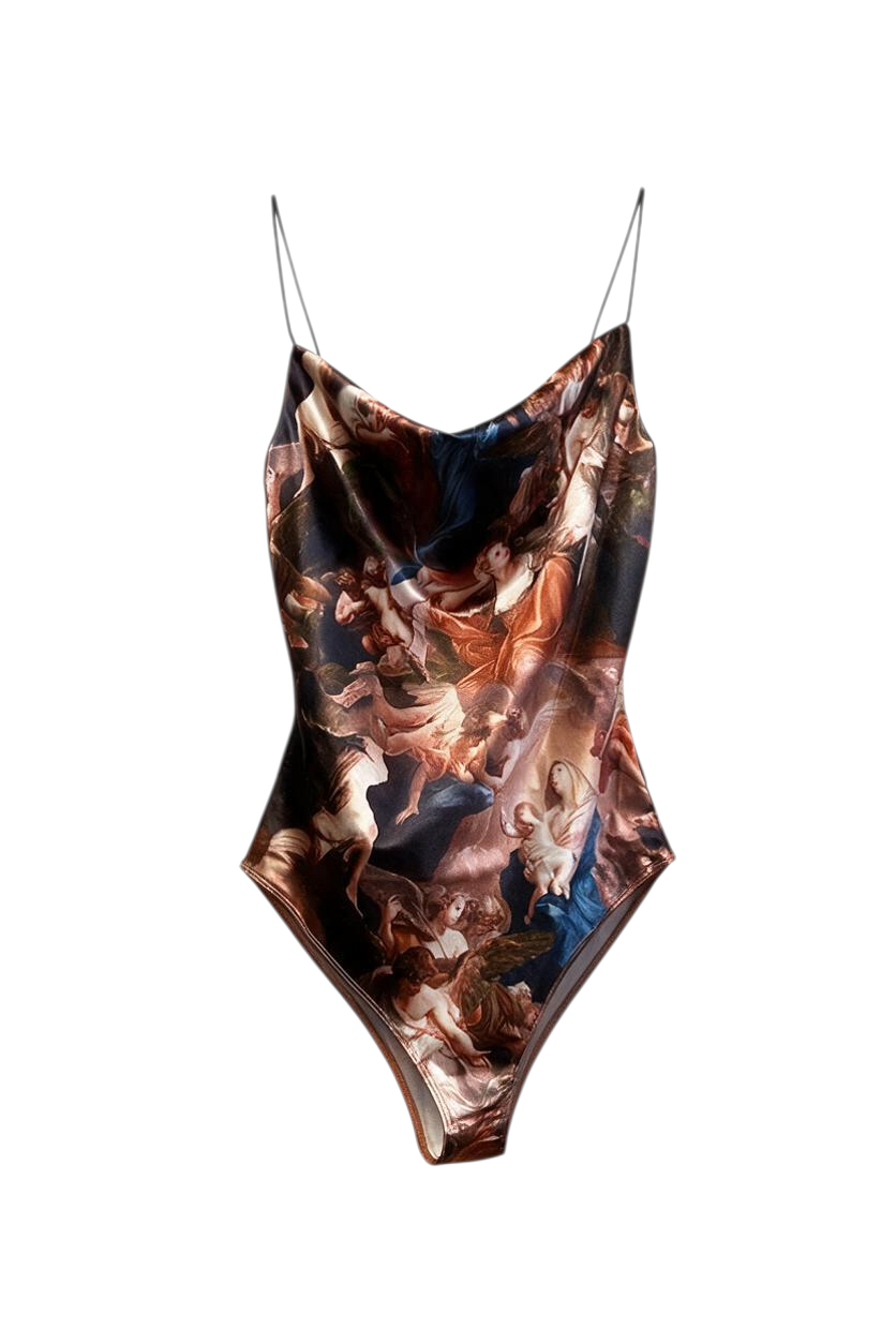 Trestles Clothing Company Old World Bodysuit with thin straps and shiny fabric featuring a classical art print