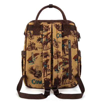 Trestles Clothing Company retro cowboy canvas backpack with vintage Western print and brown nylon shoulder straps