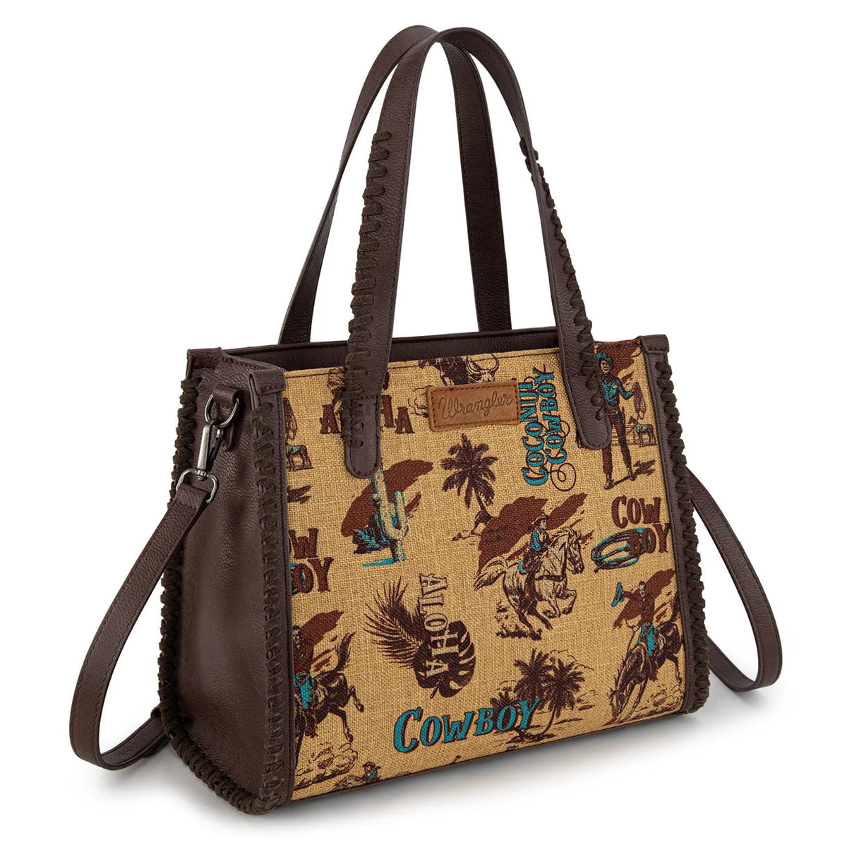 Trestles Clothing Company retro cowboy canvas satchel with Wrangler logo, whipstitch trim, and detachable strap.