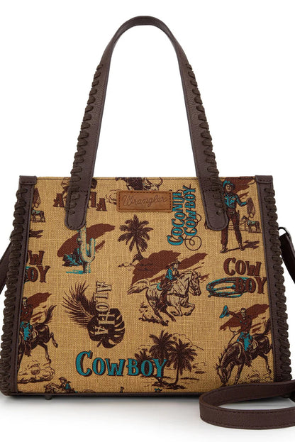 Trestles Clothing Company retro canvas cowboy satchel with Wrangler logo, whipstitch trim, and vintage Western print.