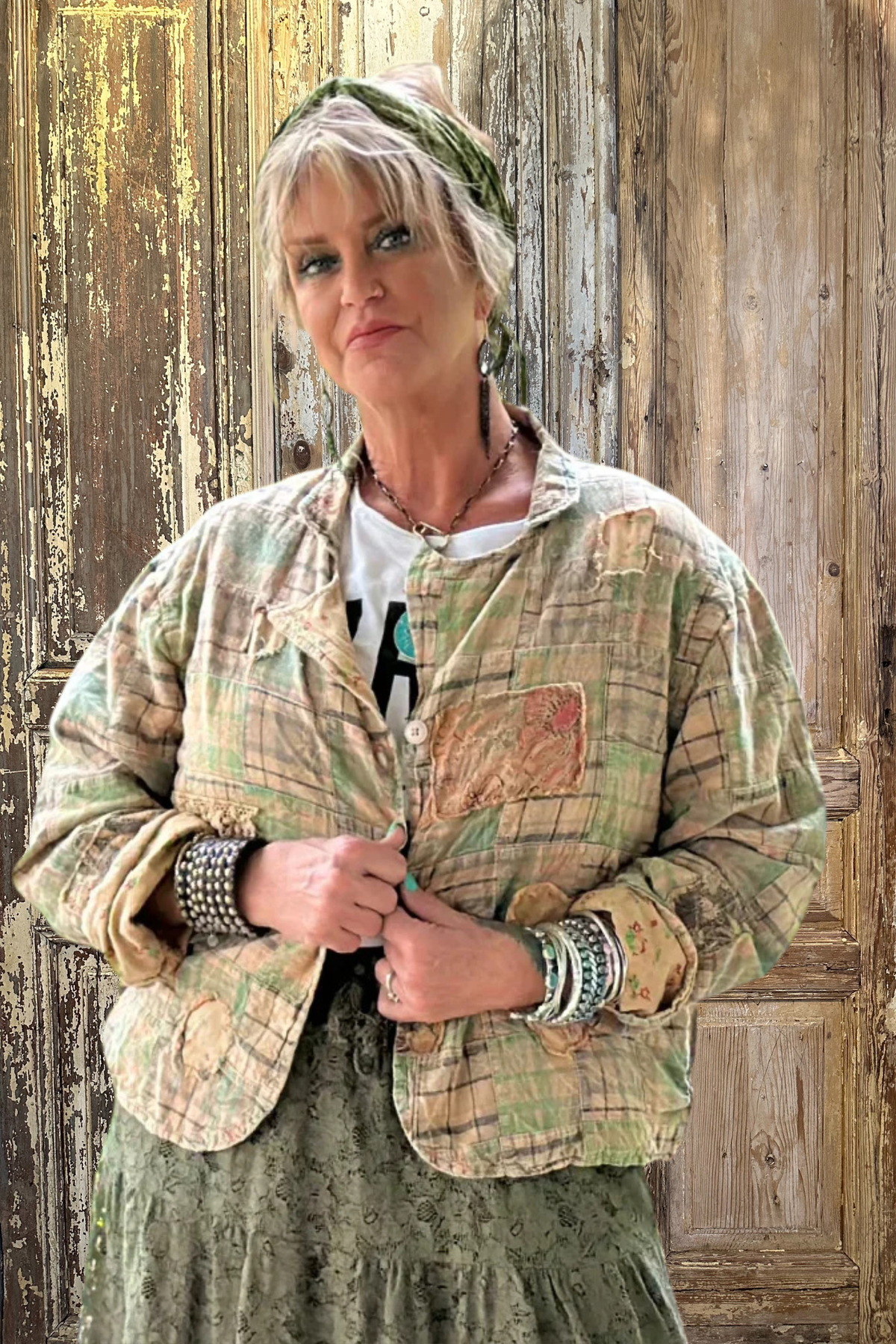 Trestles Clothing Company Sunset Walks Jacket in a cropped, boxy cotton patchwork design with a reversible boho style.