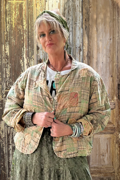 Trestles Clothing Company Sunset Walks Jacket in a cropped, boxy cotton patchwork design with a reversible boho style.
