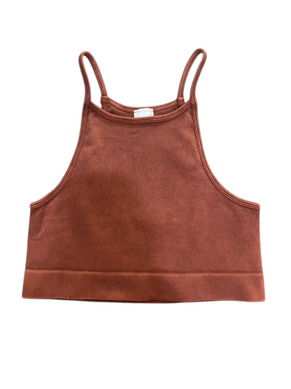 Trestles Clothing Company vintage mineral wash ribbed highneck bra top in a warm terracotta brown