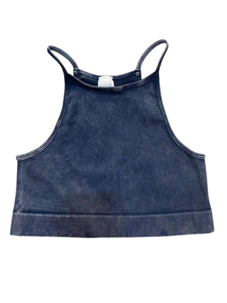 Trestles Clothing Company vintage mineral wash ribbed highneck crop cami top with t-back design