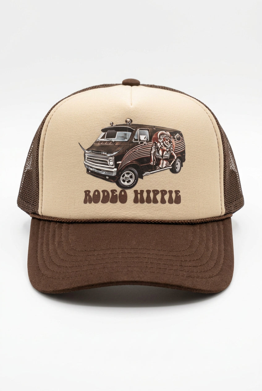 Trestles Clothing Company brown and beige trucker hat featuring a retro van graphic and Rodeo Hippie text