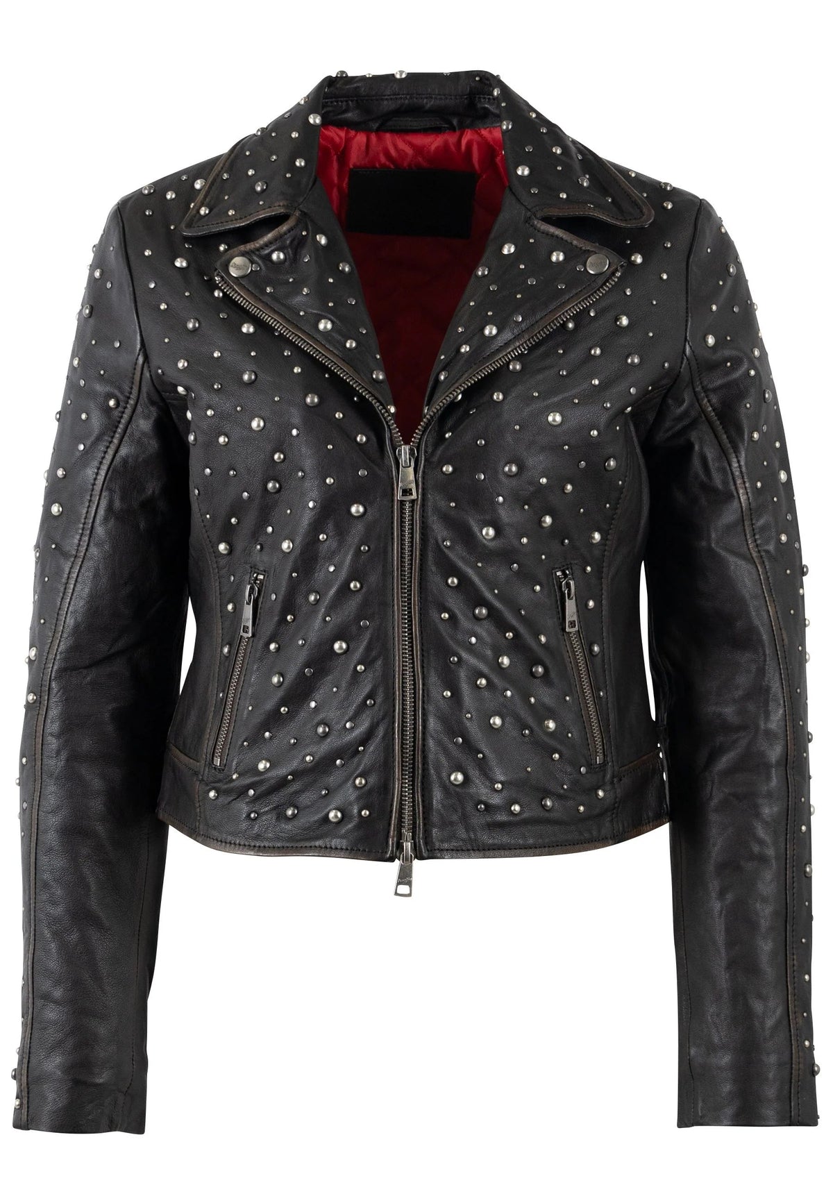 Trestles Clothing Company Roxanne black lambskin leather jacket with silver stud embellishments and red lining