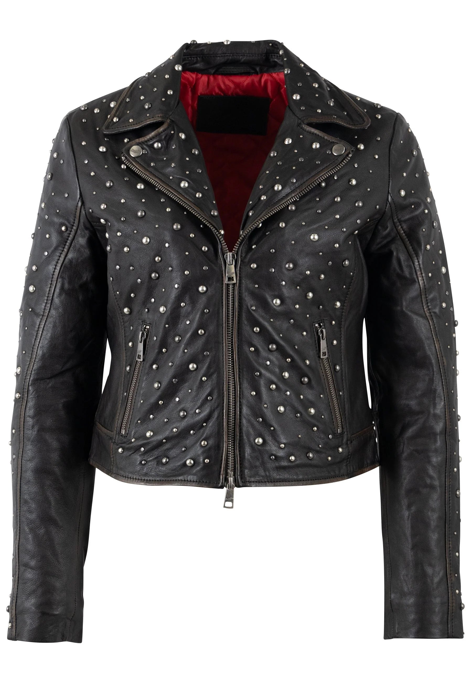 Trestles Clothing Company Roxanne black lambskin leather jacket with silver stud embellishments and red lining