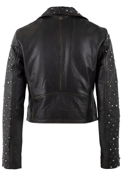 Back view of Trestles Clothing Company Roxanne black lambskin leather jacket with silver stud embellishments on sleeves