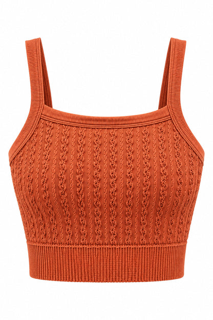 Trestles Clothing Company rust orange cropped cami with a square neck and textured cable knit pattern.