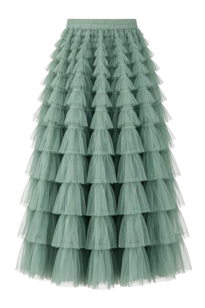 Trestles Clothing Company sage green maxi skirt featuring tiered ruffled tulle layers and an elastic waistband.