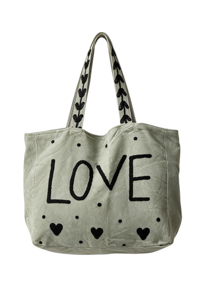 Trestles Clothing Company sage green velvet tote bag with black embroidered LOVE text and heart accents