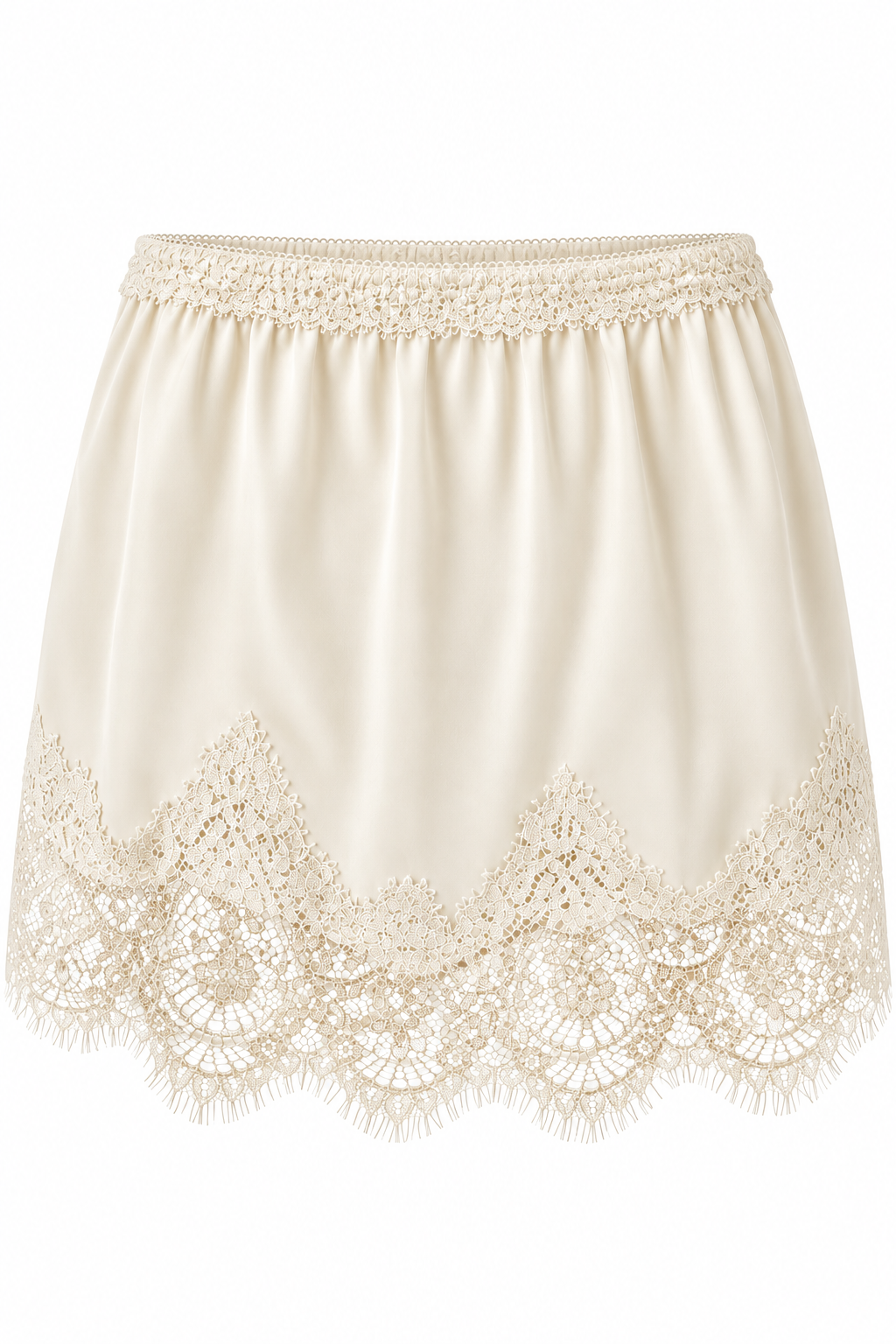 Trestles Clothing Company Meet Me In The Middle half slip in cream satin with intricate eyelash lace trim and hem.