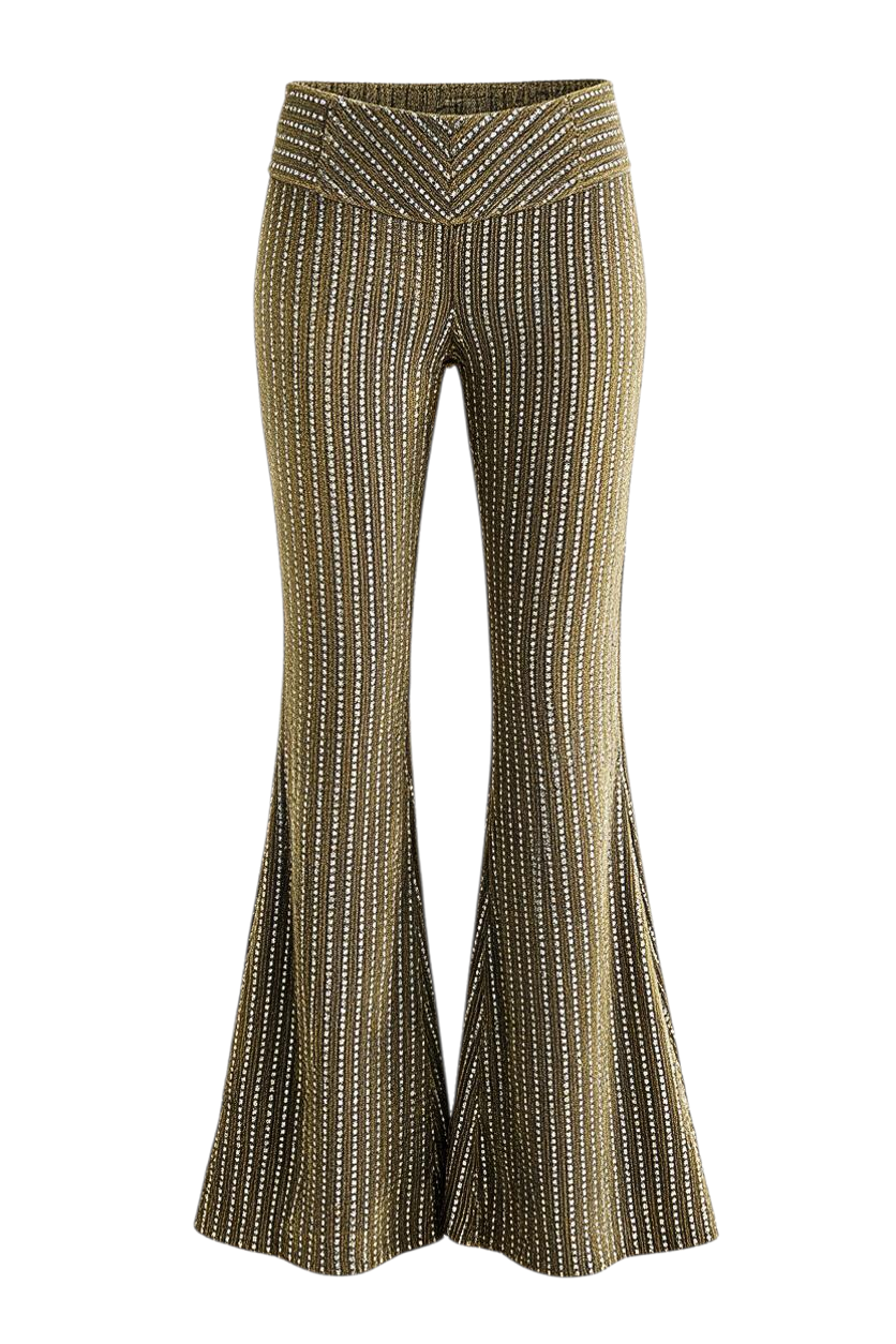 Model wearing Trestles Clothing Company Start Me Up Flare velvet pants with sequin stripes and a dramatic flared leg
