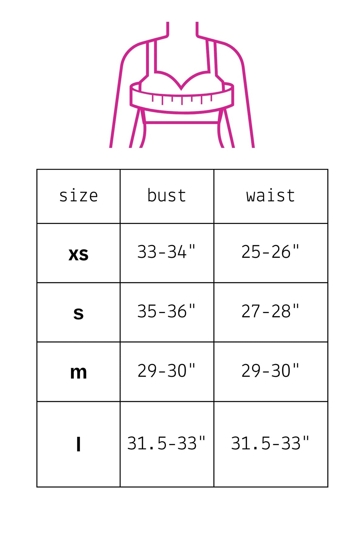 Trestles Clothing Company size chart for Clean Break Denim Mini dress showing bust and waist measurements in inches