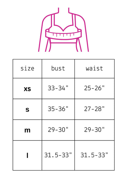 Trestles Clothing Company size chart for Clean Break Denim Mini dress showing bust and waist measurements in inches