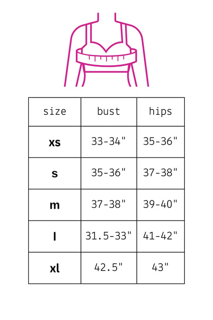 Trestles Clothing Company size chart for Lunar Ash Lace Top showing bust and hip measurements for sizes XS to XL