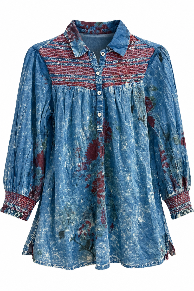 Trestles Clothing Company blue cotton smocked yoke blouse with vintage floral print and 3/4 length sleeves