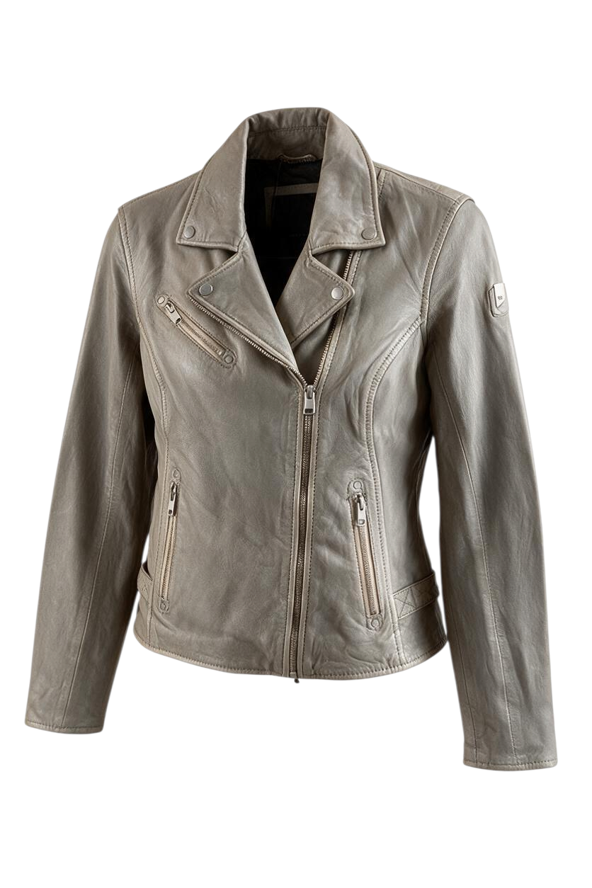 Trestles Clothing Company Sophia fitted grey calfskin leather jacket with silver zippers hanging on a rustic door