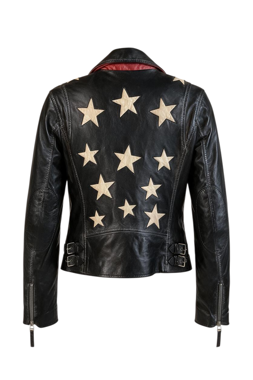 Trestles Clothing Company black lamb leather jacket with a star-back design, side buckles, and contrast neck lining.