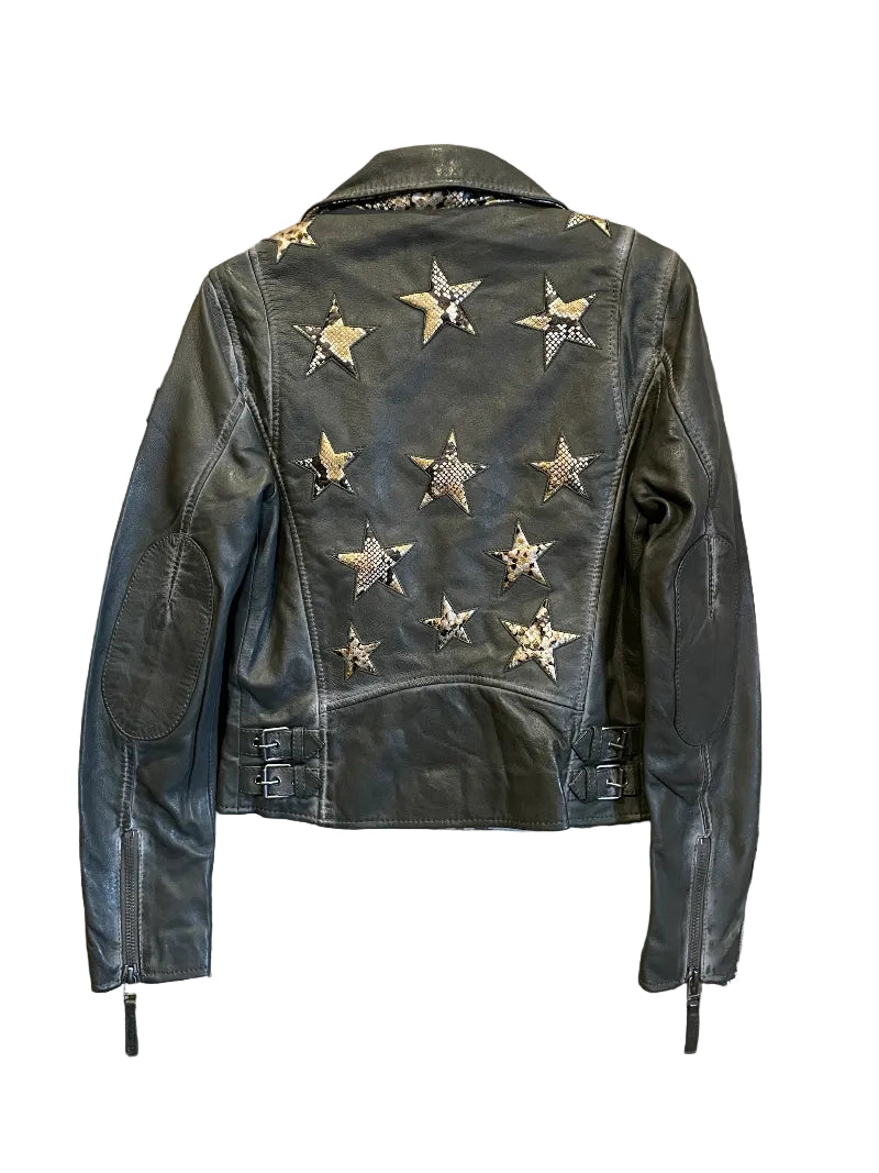 Trestles Clothing Company black lamb leather jacket featuring a back panel with decorative snakeskin star patches.