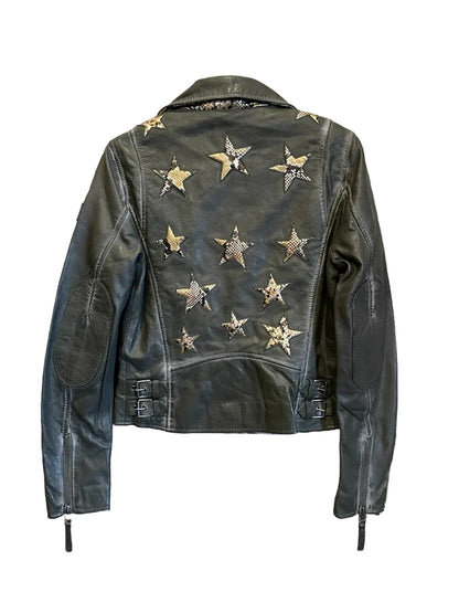 Trestles Clothing Company black lamb leather jacket featuring a back panel with decorative snakeskin star patches.