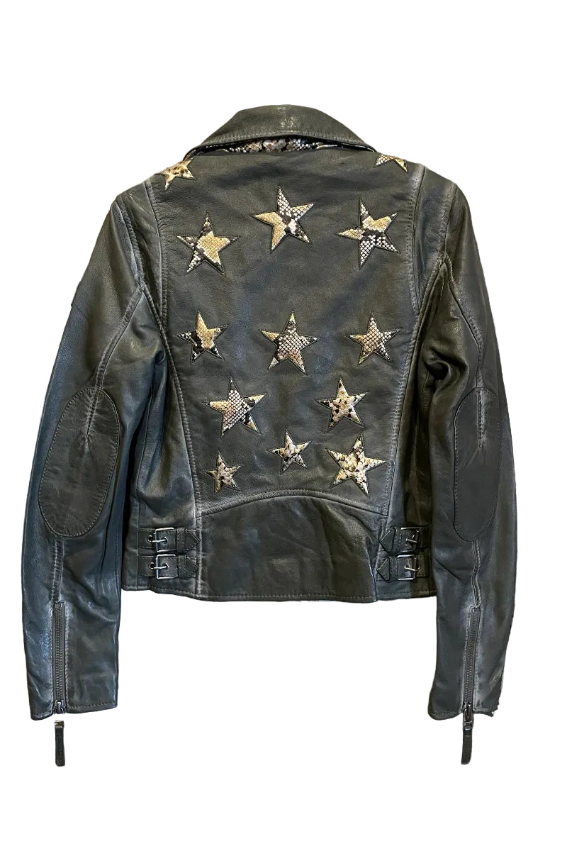 Trestles Clothing Company black lamb leather jacket featuring a back panel with decorative snakeskin-print stars.