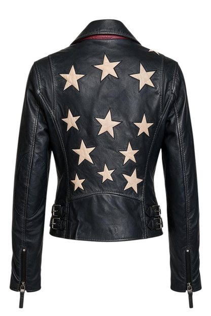 Trestles Clothing Company black lamb leather jacket with beige star appliqués on the back and side buckle details.