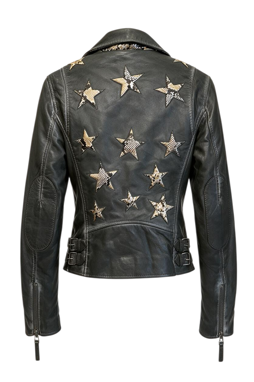 Trestles Clothing Company black lamb leather jacket with back star patches, side buckles, and contrast neck lining.