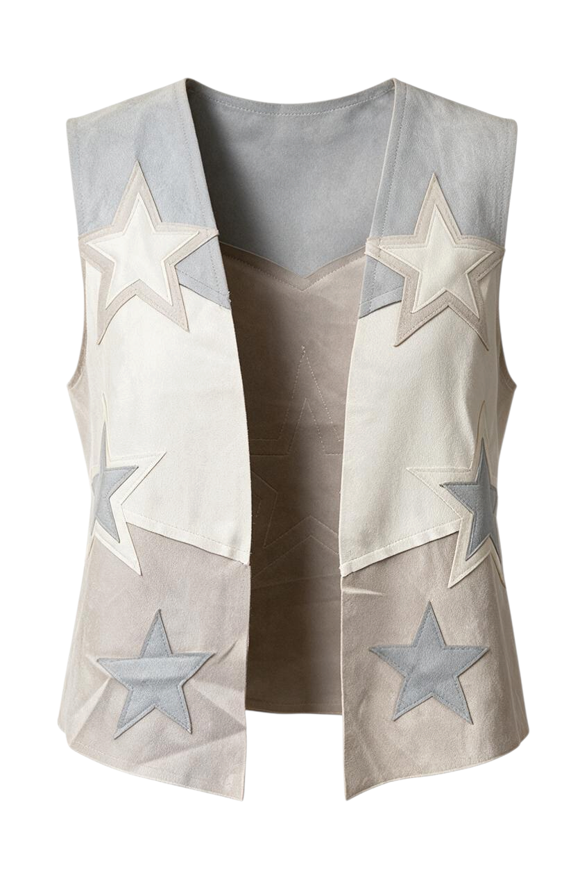 Trestles Clothing Company Stars Vest in light grey and cream vegan suede with star applique details