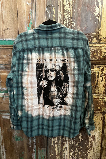 Trestles Clothing Company upcycled green plaid flannel with a bleached Stevie Nicks graphic on the back