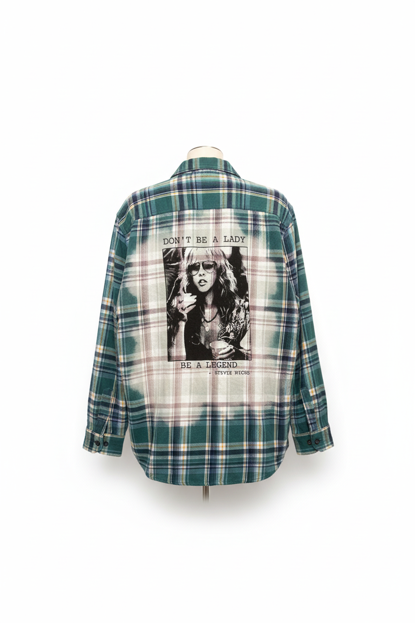 Trestles Clothing Company upcycled green plaid flannel shirt with bleached Stevie Nicks graphic on the back