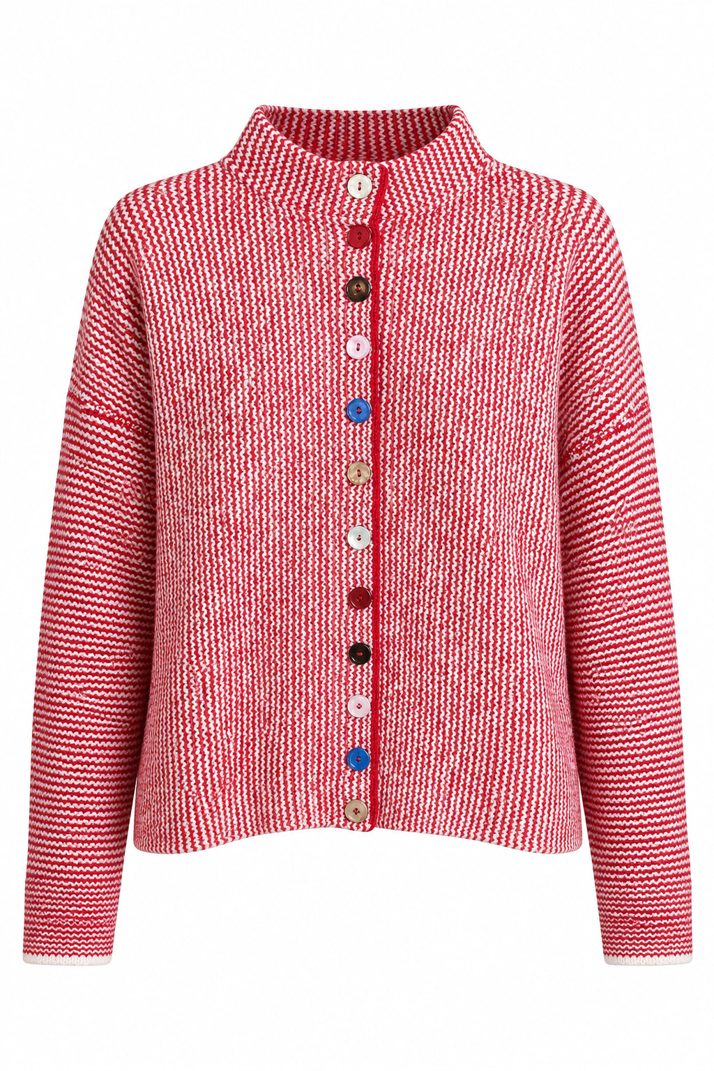 Trestles Clothing Company red and white striped knit sweater featuring a high collar and unique mismatched buttons