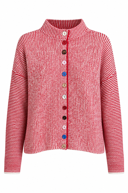 Trestles Clothing Company red and white striped knit sweater featuring a high collar and unique mismatched buttons