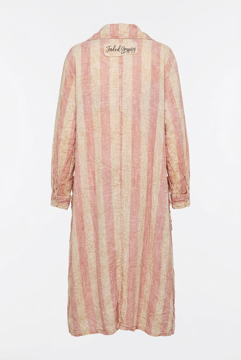 Back view of the Trestles Clothing Company Dreamline Duster in pink and cream striped cotton with a boho vibe.