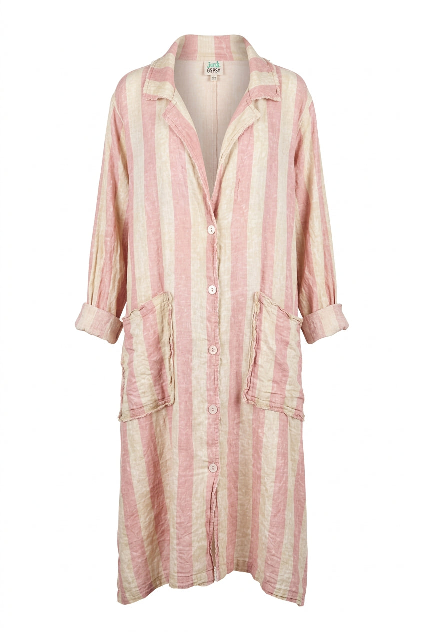 Trestles Clothing Company Dreamline Duster in pink and cream striped cotton with a relaxed boho silhouette.