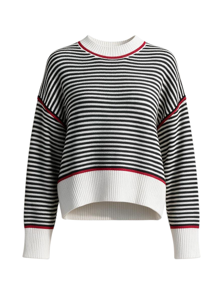 Trestles Clothing Company black and white striped cropped knit sweater with red contrast trim on neck and hem