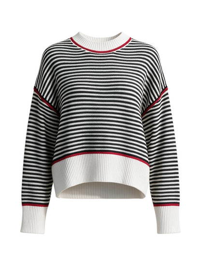 Trestles Clothing Company black and white striped cropped knit sweater with red contrast trim on neck and hem