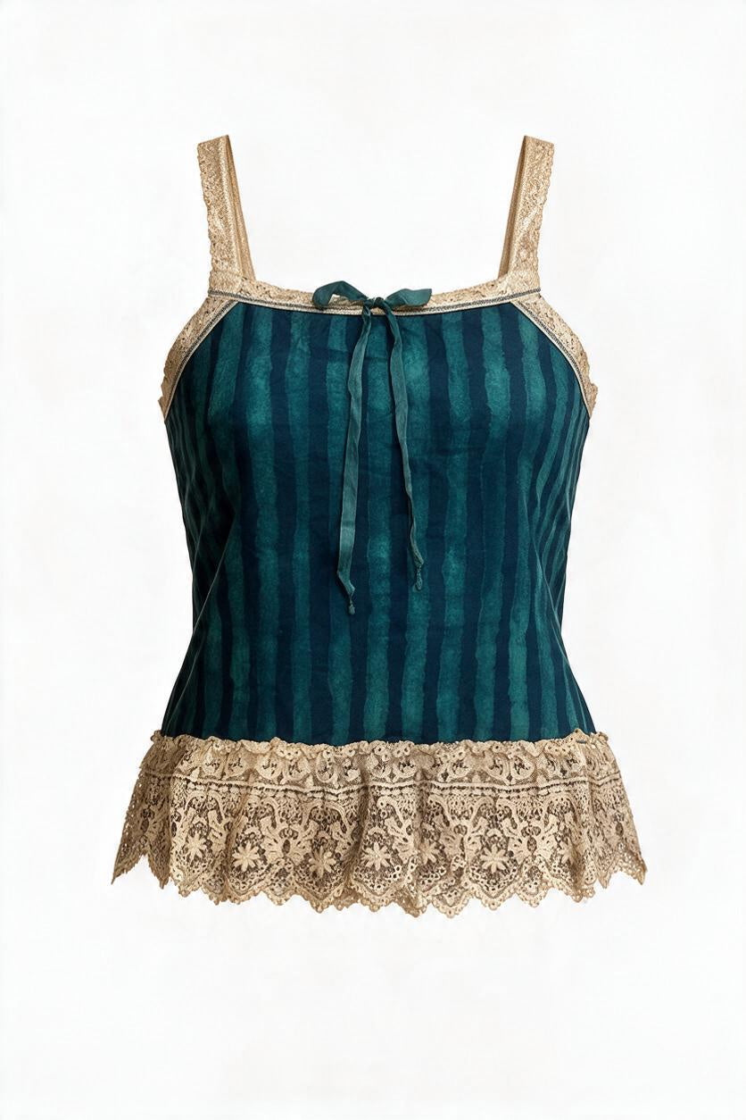 Trestles Clothing Company striped cotton tank top with beige lace ruffle straps and hem and a front tie bow