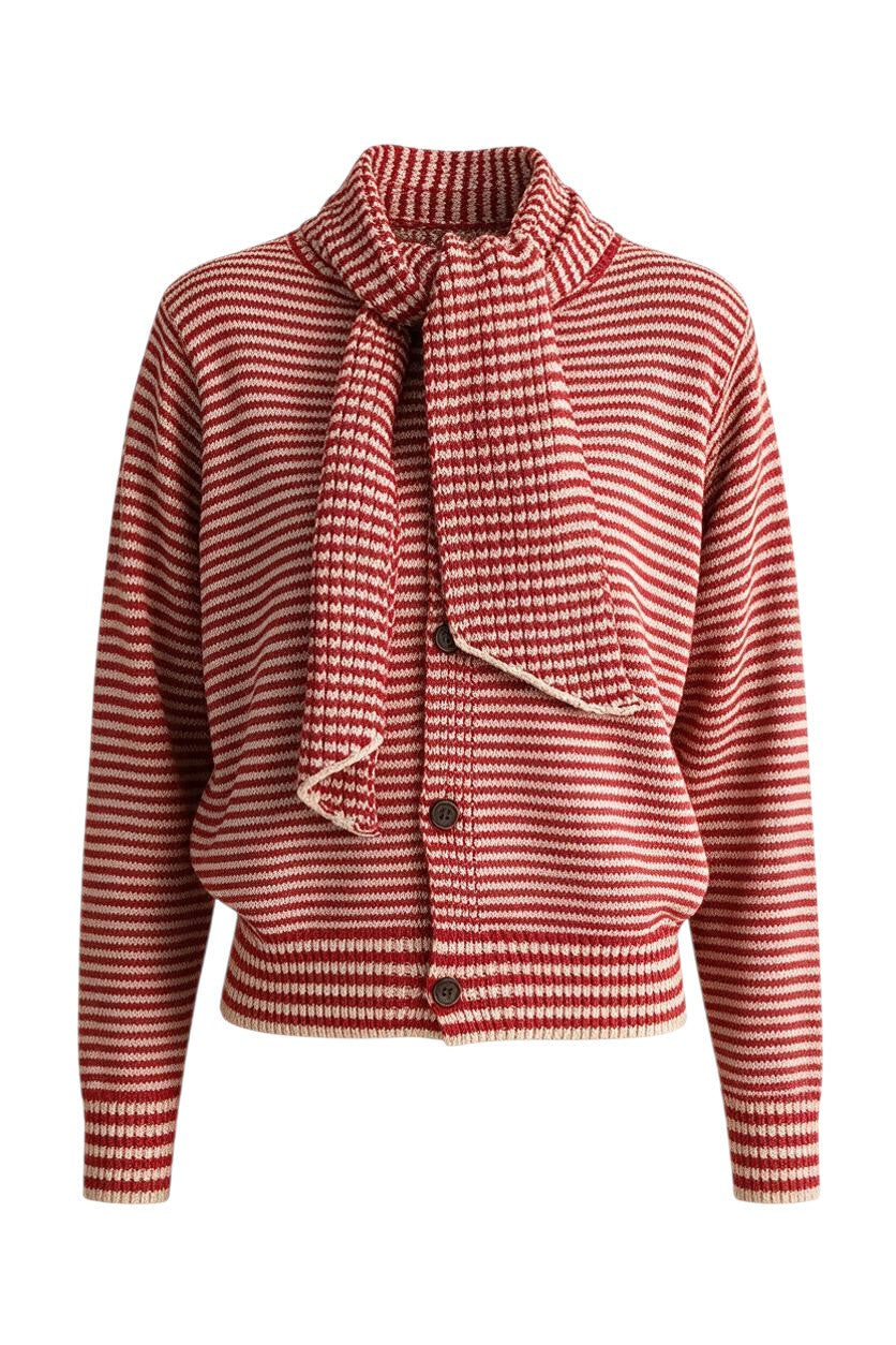 Trestles Clothing Company red and white striped button-up sweater with an integrated scarf in a cozy knit blend