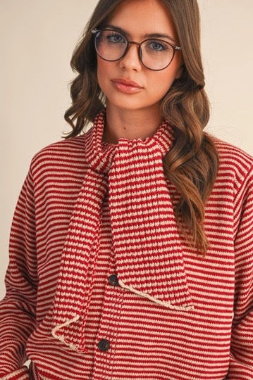 Trestles Clothing Company red and white striped knit sweater with an attached scarf and button-up front