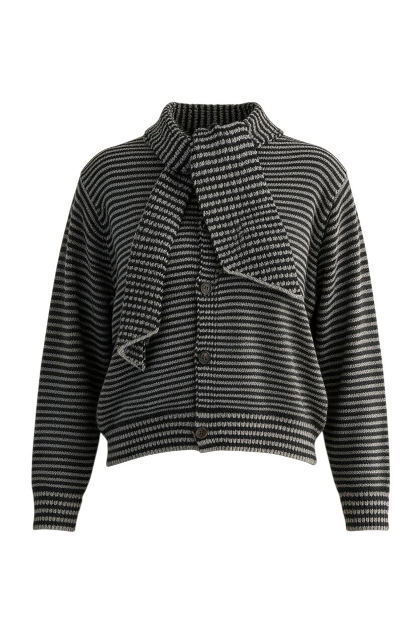 Trestles Clothing Company striped boxy knit sweater with an attached scarf and button-up front in grey and black.